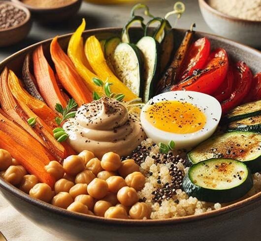 Bol de quinoa et pois chiches avec tahini et légumes rôtis