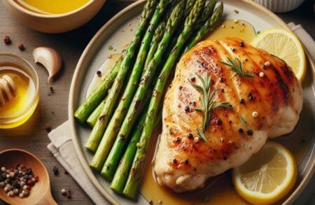 Deliziosa ricetta di pollo al miele e limone con asparagi arrostiti