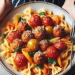 Pasta Primavera con Salsa de Tomate Asado y Albóndigas de Pollo