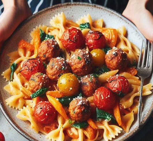 Pasta Primavera con Salsa de Tomate Asado y Albóndigas de Pollo