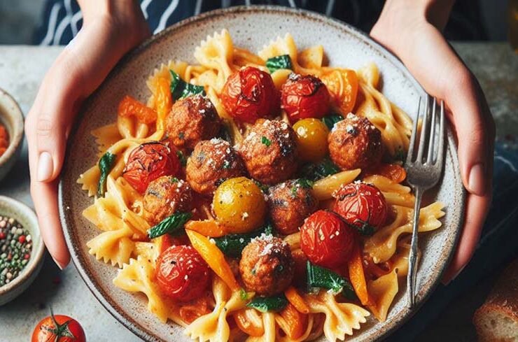 Pasta Primavera con Salsa de Tomate Asado y Albóndigas de Pollo