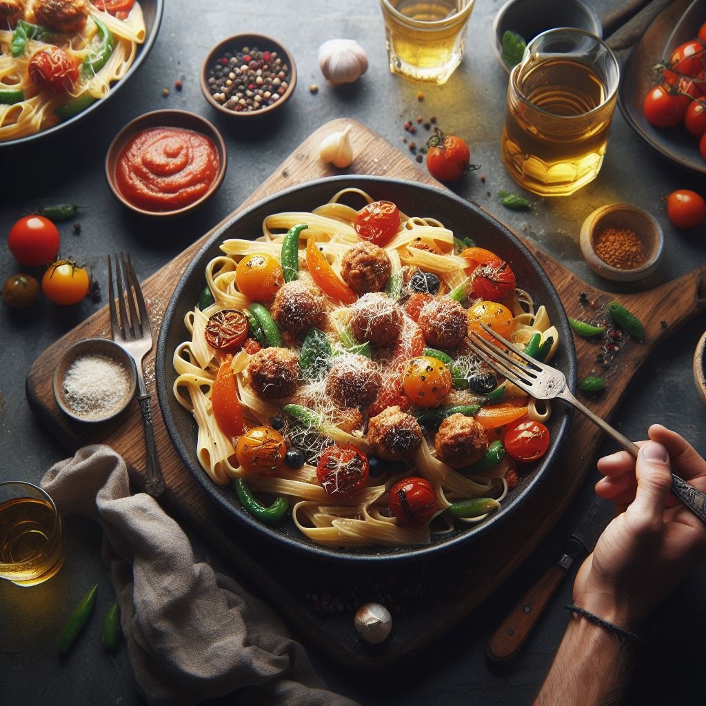 Pasta Primavera con Salsa de Tomate Asado y Albóndigas de Pollo