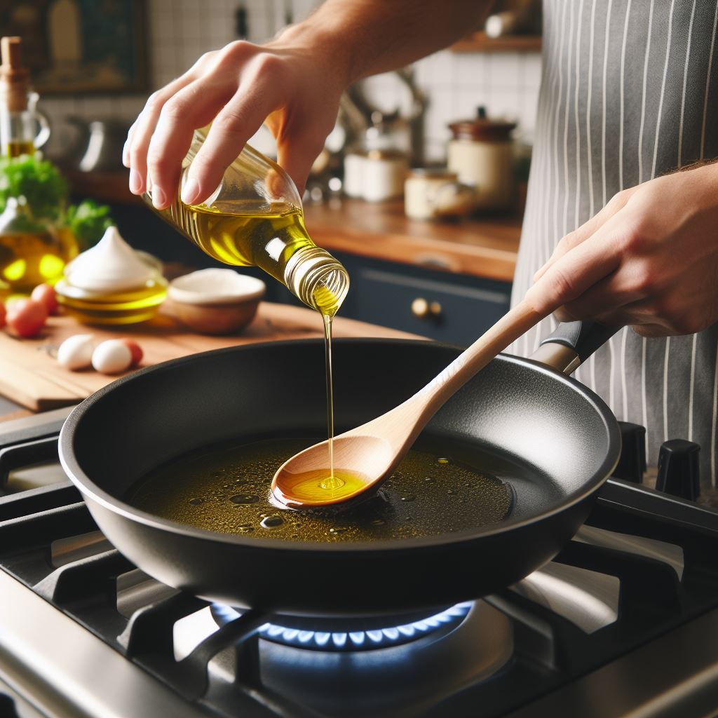 sarten sobre estufa añadiendo aceite de olvida sarten sobre estufa añadiendo aceite de olvida