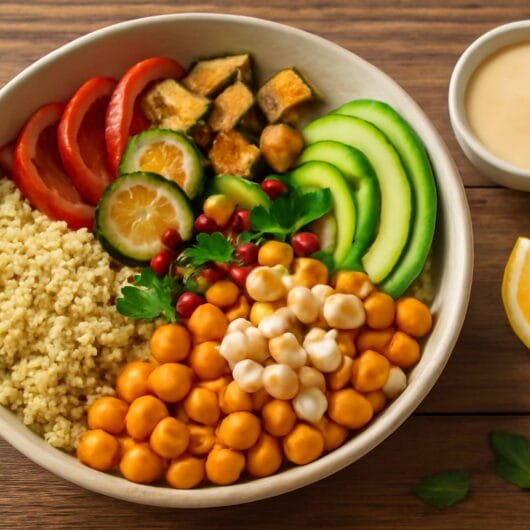 Bol de quinoa et pois chiches avec tahini et légumes rôtis