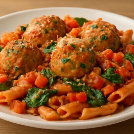 Pasta Primavera con Salsa de Tomate Asado y Albóndigas de Pollo