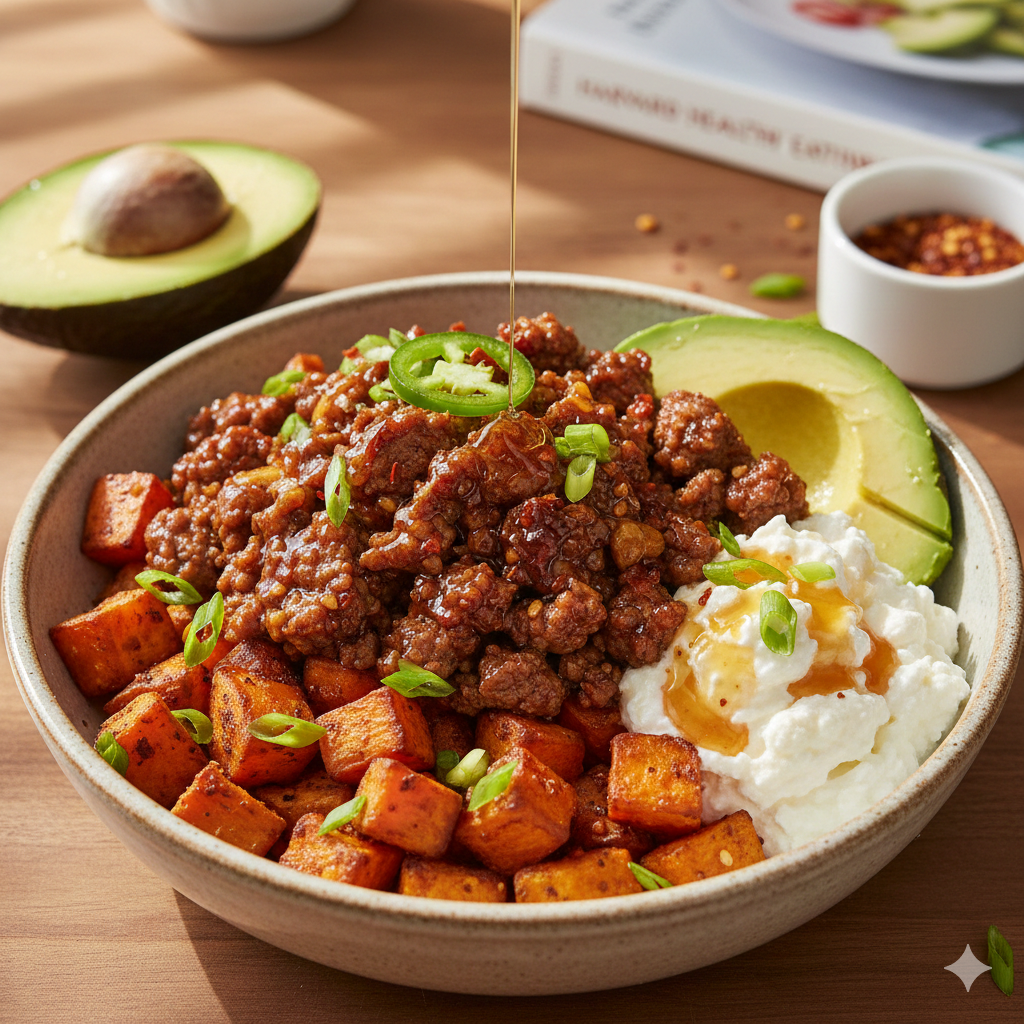 Bowl saludable de carne con miel picante y amote asado queso cottage y aguacate