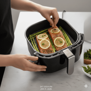 Filetes de salmón sazonados con rodajas de limón y especias colocados en la cesta de la freidora de aire junto a los espárragos.