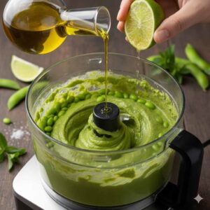 Procesado de edamame con aceite de oliva virgen extra y lima en una batidora para conseguir una textura cremosa.