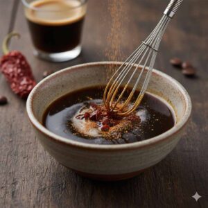 Mezcla de café expreso, miel y chile chipotle en un bol con varillas para el glaseado del pavo.