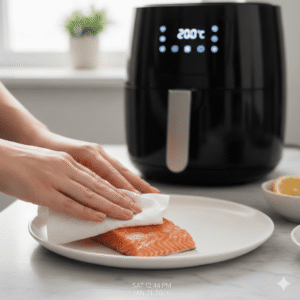 Manos secando un filete de salmón fresco con papel de cocina frente a una freidora de aire encendida.