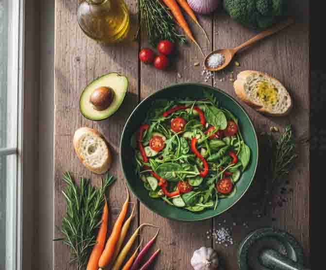 Portada Manual de Cocina Saludable Ingredientes frescos y ensalada mediterránea saludable sobre mesa de madera rústica de Manual de Cocina.