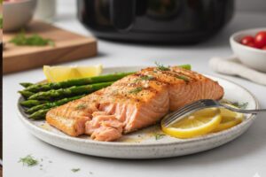 Filete de salmón en air fryer cocinado al punto con espárragos y rodajas de limón.