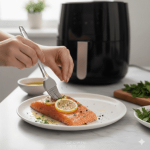 Manos pincelando un filete de salmón con aceite de oliva, hierbas frescas y rodajas de limón sobre un plato blanco.