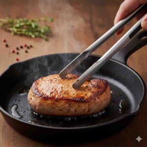 Medallón de pavo sellándose en una sartén caliente para lograr una costra dorada y mantener la jugosidad.