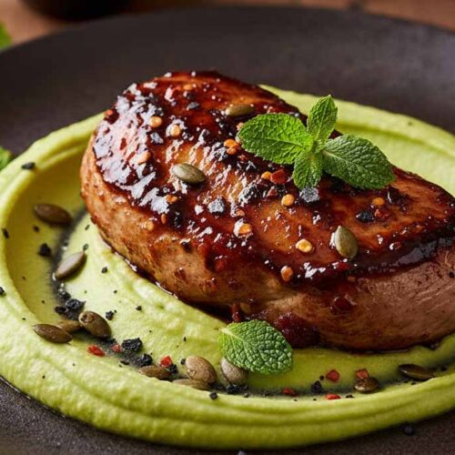 Solomillo de pavo glaseado con café y chipotle sobre una base de hummus de edamame verde, decorado con semillas y menta.