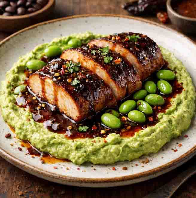 Solomillo de pavo glaseado con café y chipotle servido sobre hummus de edamame, presentado en plato gourmet con edamames y salsa brillante.