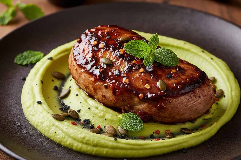 Solomillo de pavo glaseado con café y chipotle sobre una base de hummus de edamame verde, decorado con semillas y menta.